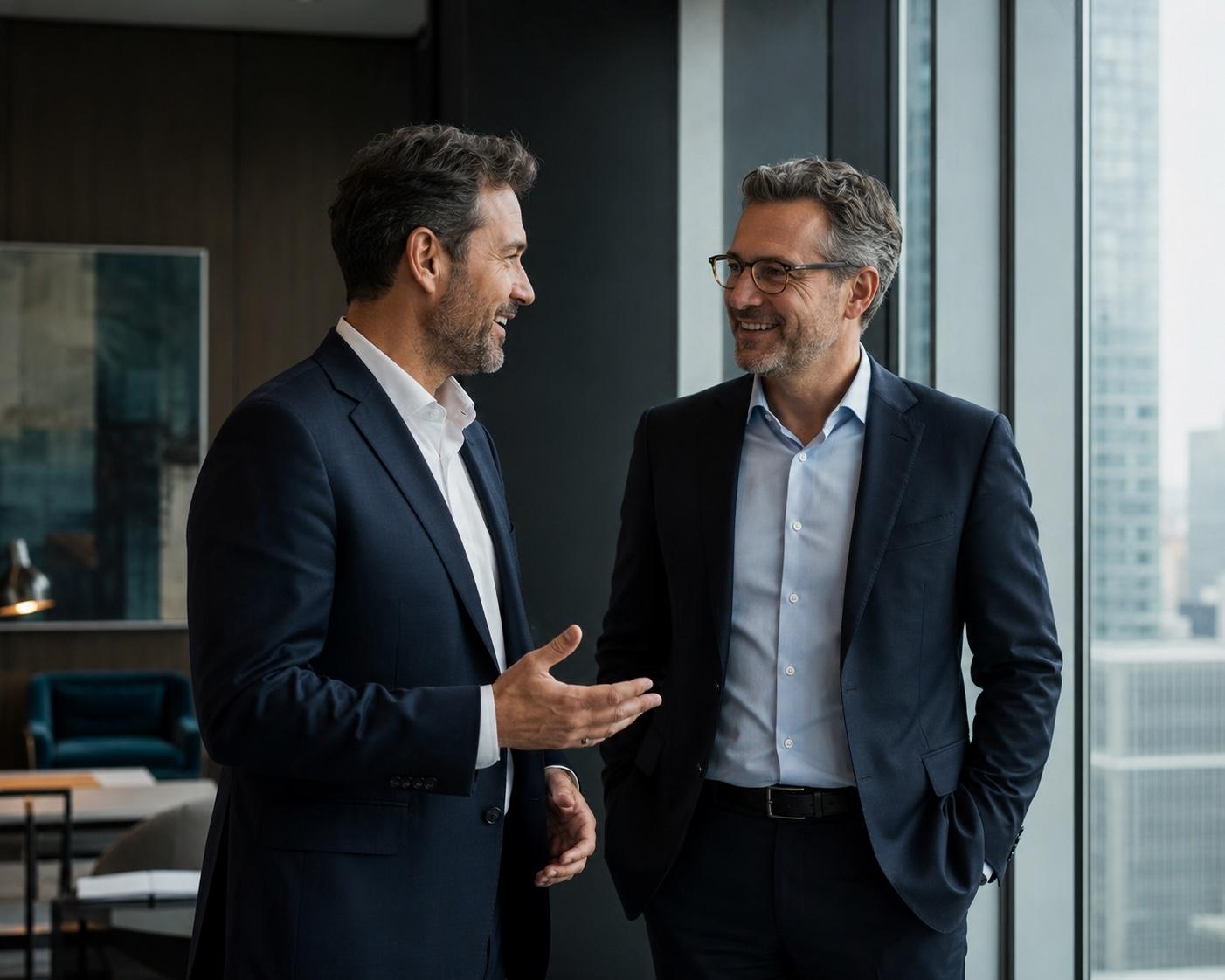 Two business leaders having a friendly conversation in a modern office