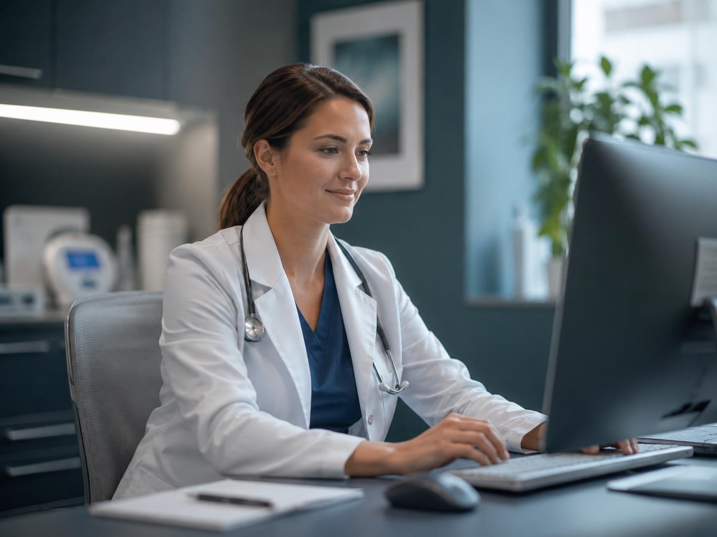 A physician documenting clinical work at her computer